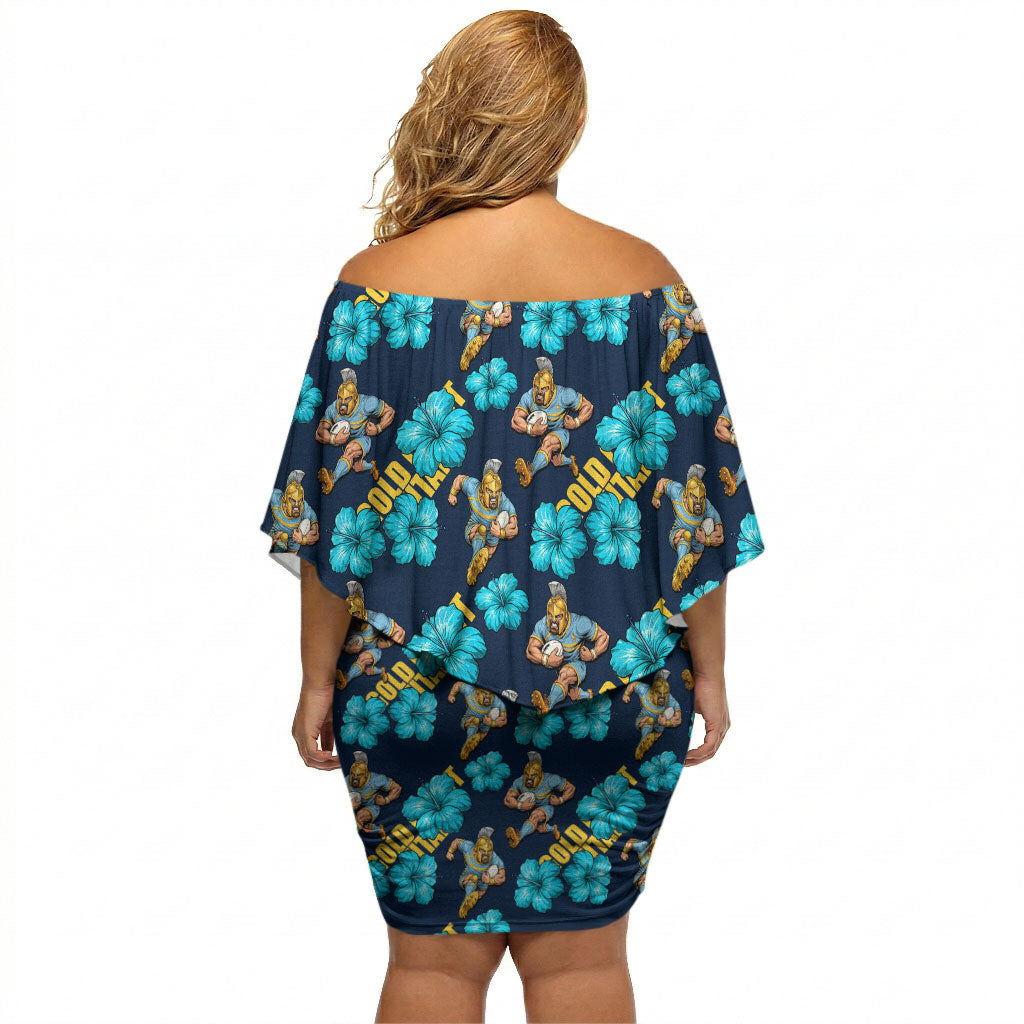 Gold Coast Titans Off Shoulder Short Dress Tropical Hibiscus Floral Seamless Rugby Mascot