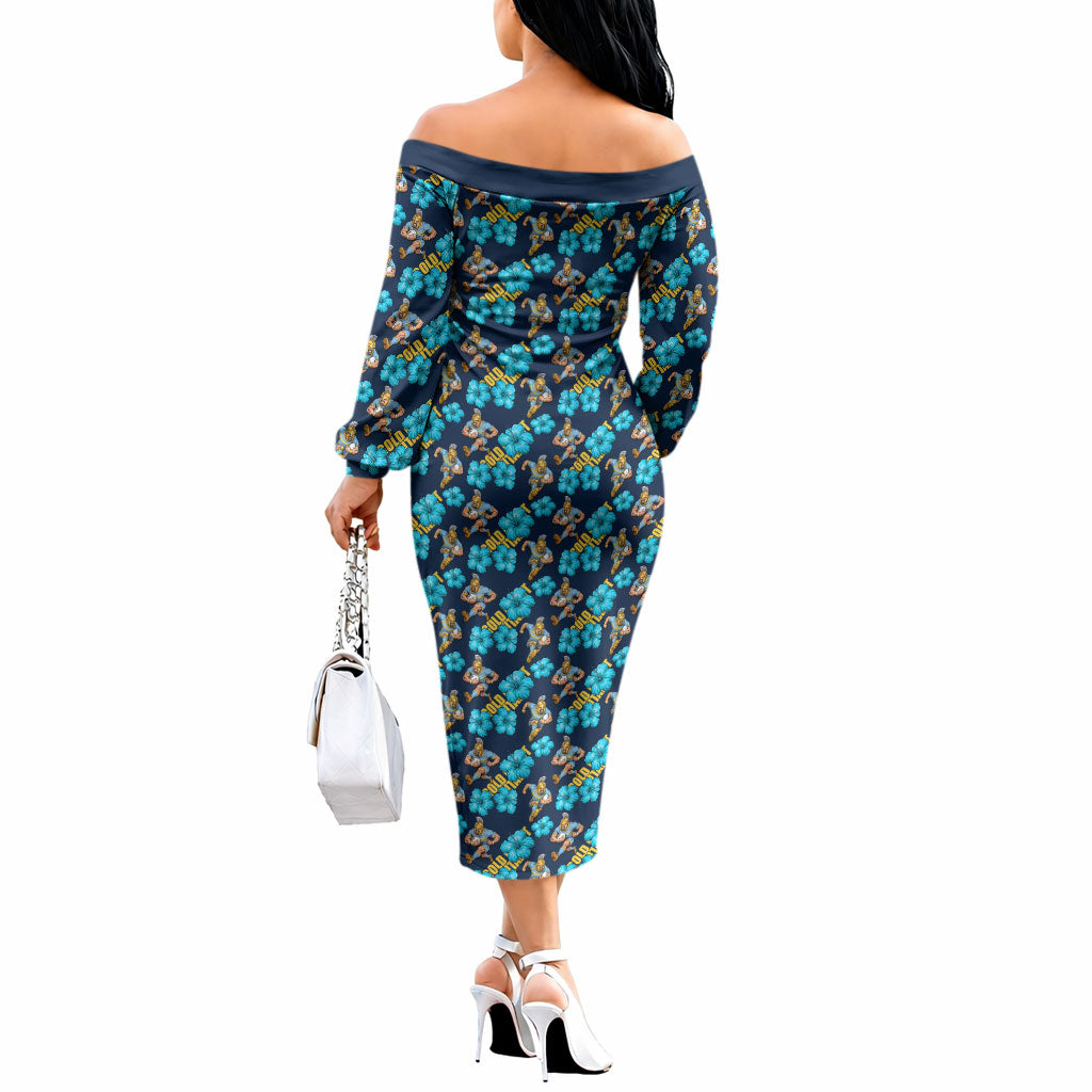Gold Coast Titans Off The Shoulder Long Sleeve Dress Tropical Hibiscus Floral Seamless Rugby Mascot