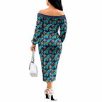 Gold Coast Titans Off The Shoulder Long Sleeve Dress Tropical Hibiscus Floral Seamless Rugby Mascot