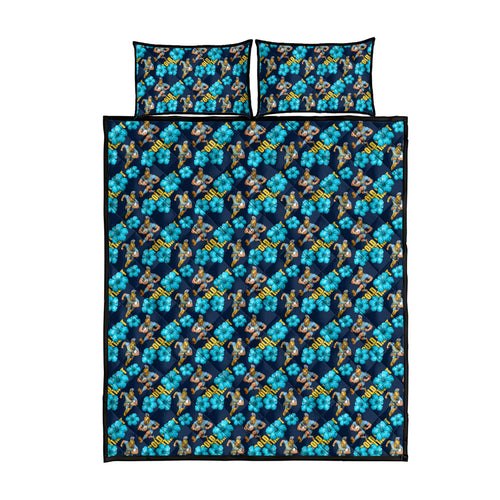 Gold Coast Titans Quilt Bed Set Tropical Hibiscus Floral Seamless Rugby Mascot
