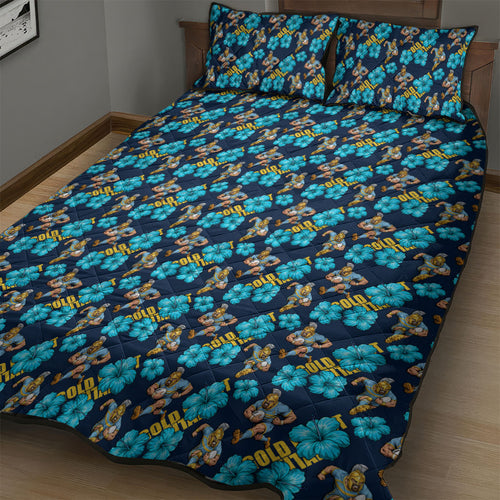 Gold Coast Titans Quilt Bed Set Tropical Hibiscus Floral Seamless Rugby Mascot