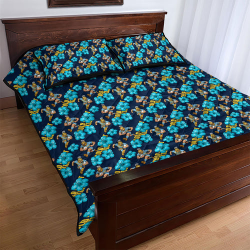 Gold Coast Titans Quilt Bed Set Tropical Hibiscus Floral Seamless Rugby Mascot