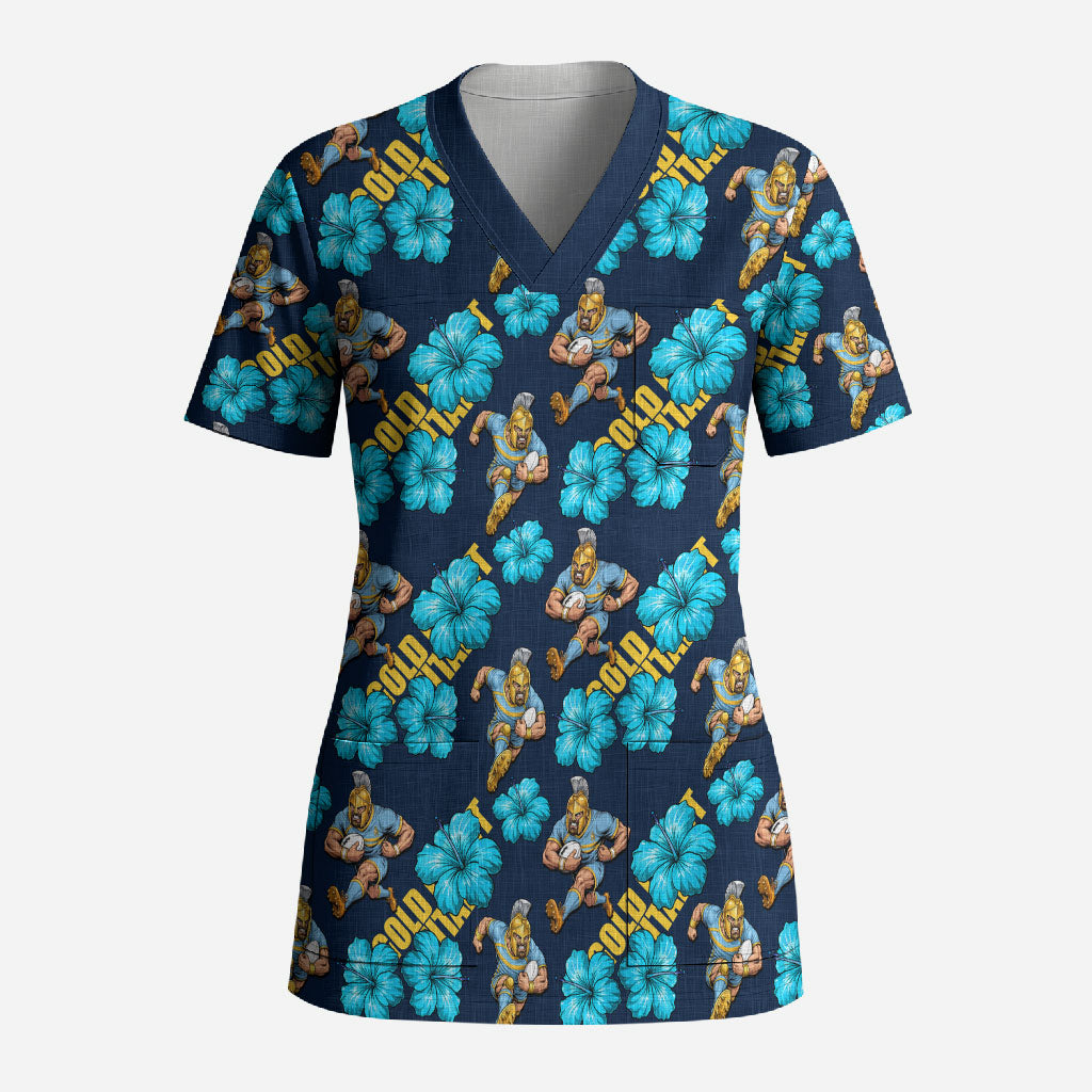 Gold Coast Titans Scrub Top Tropical Hibiscus Floral Seamless Rugby Mascot