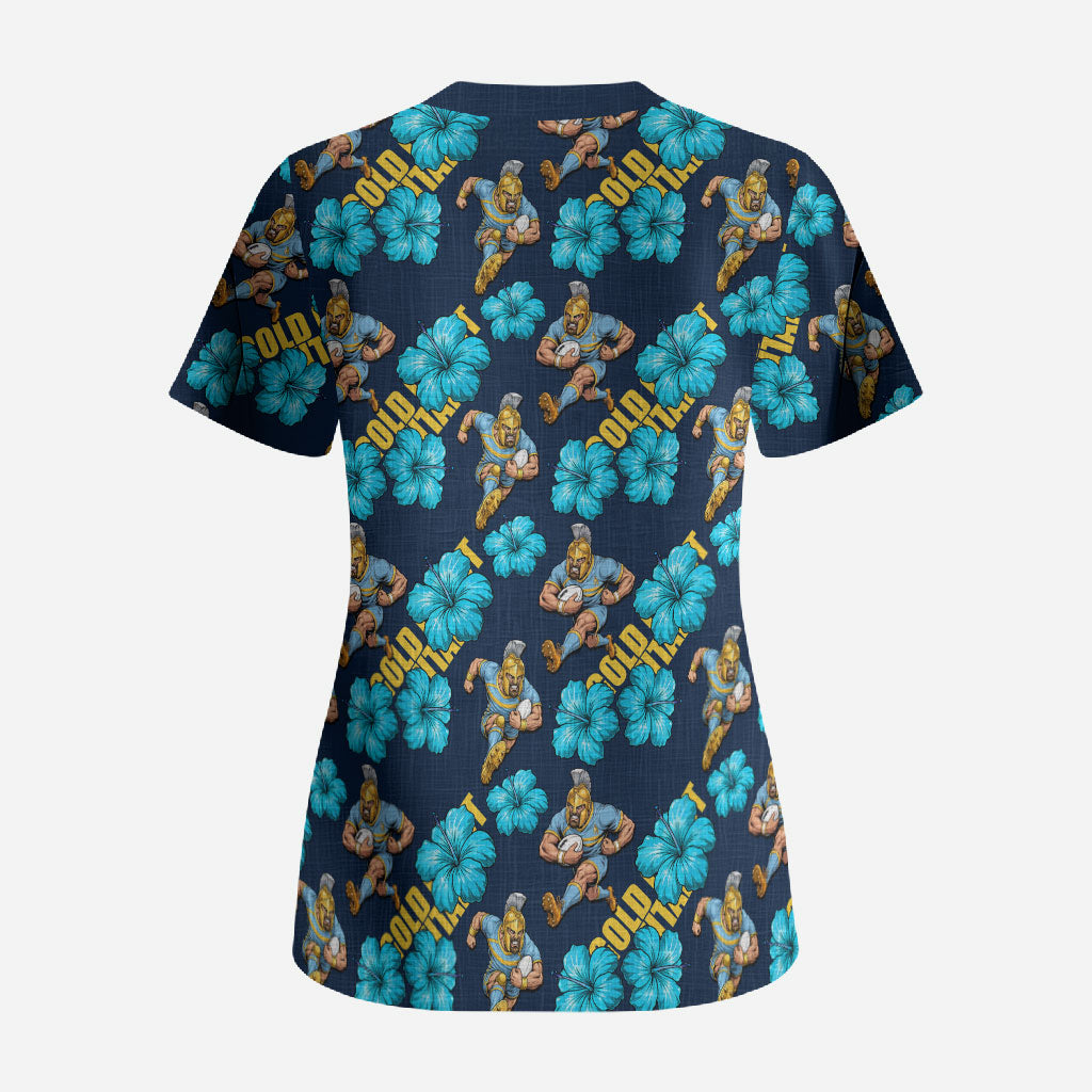 Gold Coast Titans Scrub Top Tropical Hibiscus Floral Seamless Rugby Mascot