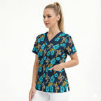 Gold Coast Titans Scrub Top Tropical Hibiscus Floral Seamless Rugby Mascot