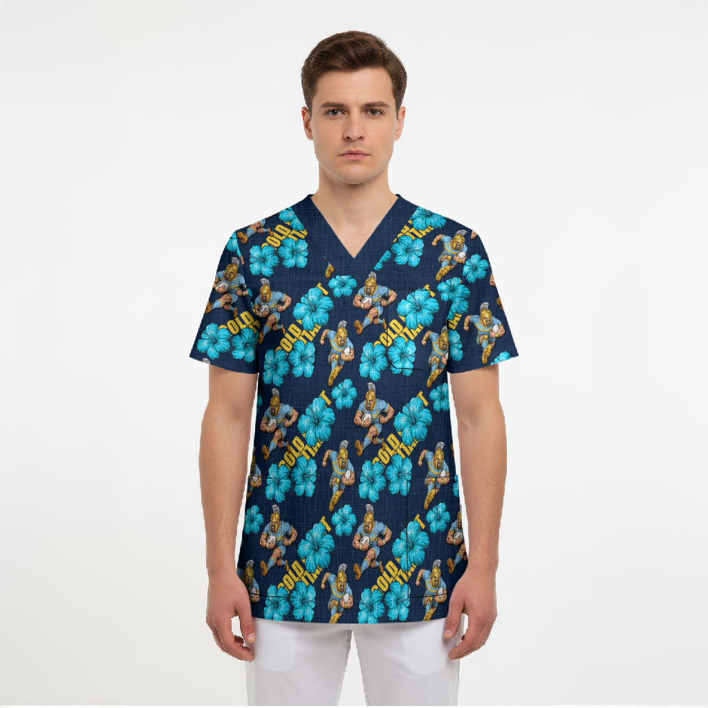 Gold Coast Titans Scrub Top Tropical Hibiscus Floral Seamless Rugby Mascot