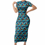 Gold Coast Titans Short Sleeve Bodycon Dress Tropical Hibiscus Floral Seamless Rugby Mascot