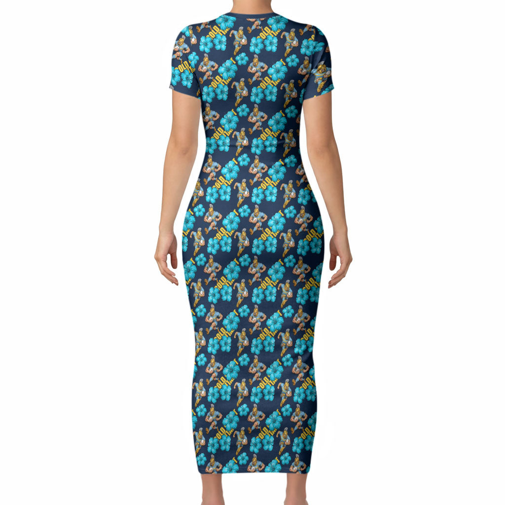 Gold Coast Titans Short Sleeve Bodycon Dress Tropical Hibiscus Floral Seamless Rugby Mascot
