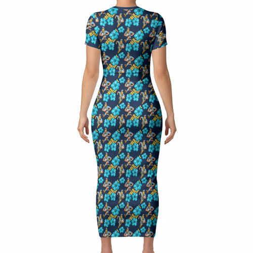 Gold Coast Titans Short Sleeve Bodycon Dress Tropical Hibiscus Floral Seamless Rugby Mascot