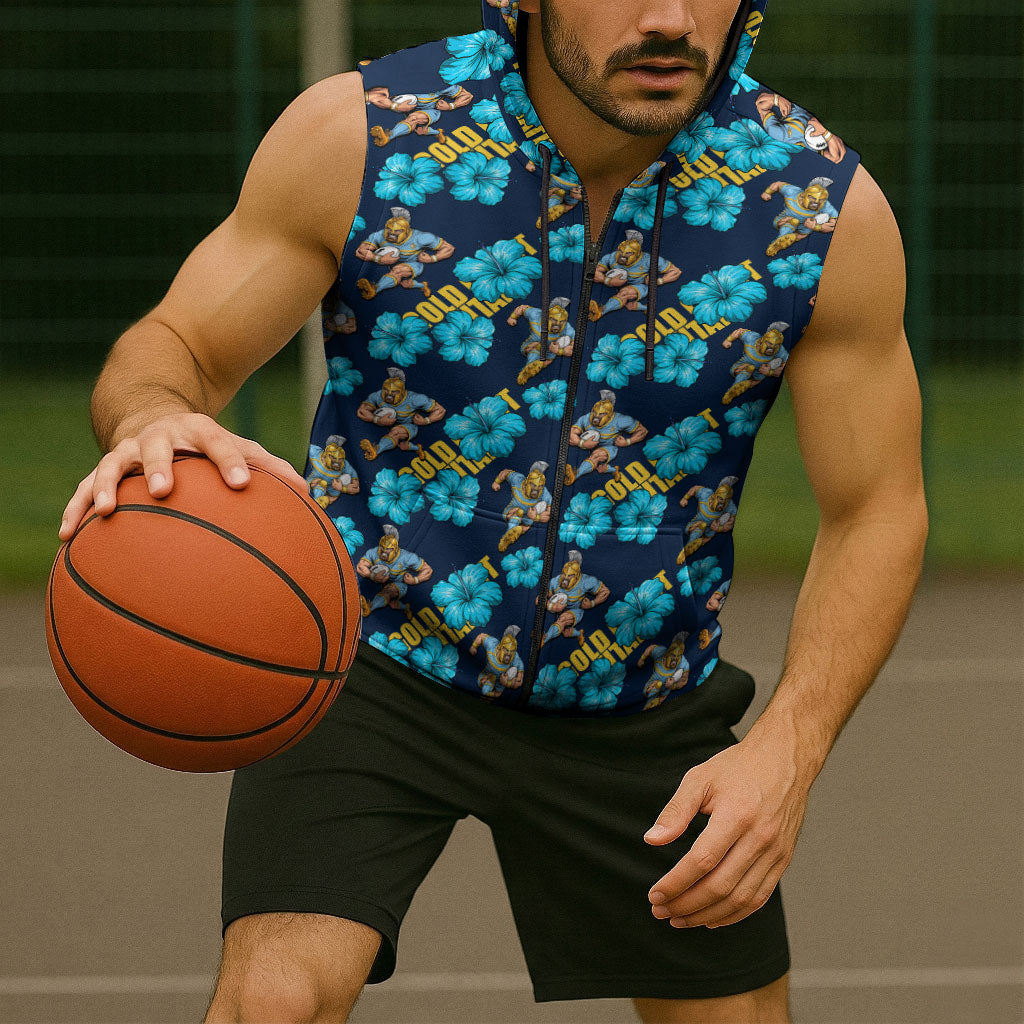 Gold Coast Titans Sleeveless Zip Hoodie Tropical Hibiscus Floral Seamless Rugby Mascot