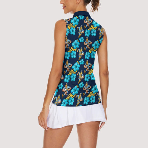 Gold Coast Titans Women Sleeveless Polo Shirt Tropical Hibiscus Floral Seamless Rugby Mascot
