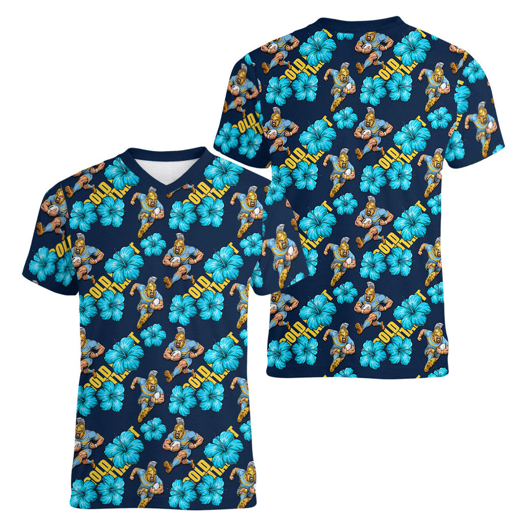 Gold Coast Titans Women V-Neck T-Shirt Tropical Hibiscus Floral Seamless Rugby Mascot