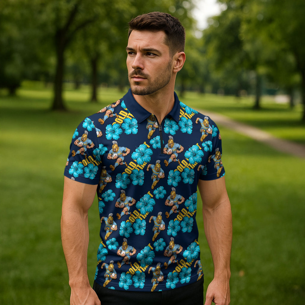 Gold Coast Titans Zipper Polo Shirt Tropical Hibiscus Floral Seamless Rugby Mascot