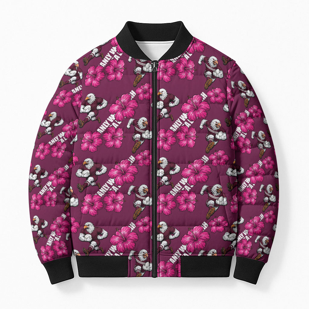 Manly Warringah Sea Eagles Bomber Puffer Jacket Tropical Hibiscus Floral Seamless Rugby Mascot