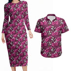 Manly Warringah Sea Eagles Couples Matching Long Sleeve Bodycon Dress and Hawaiian Shirt Tropical Hibiscus Floral Seamless Rugby Mascot