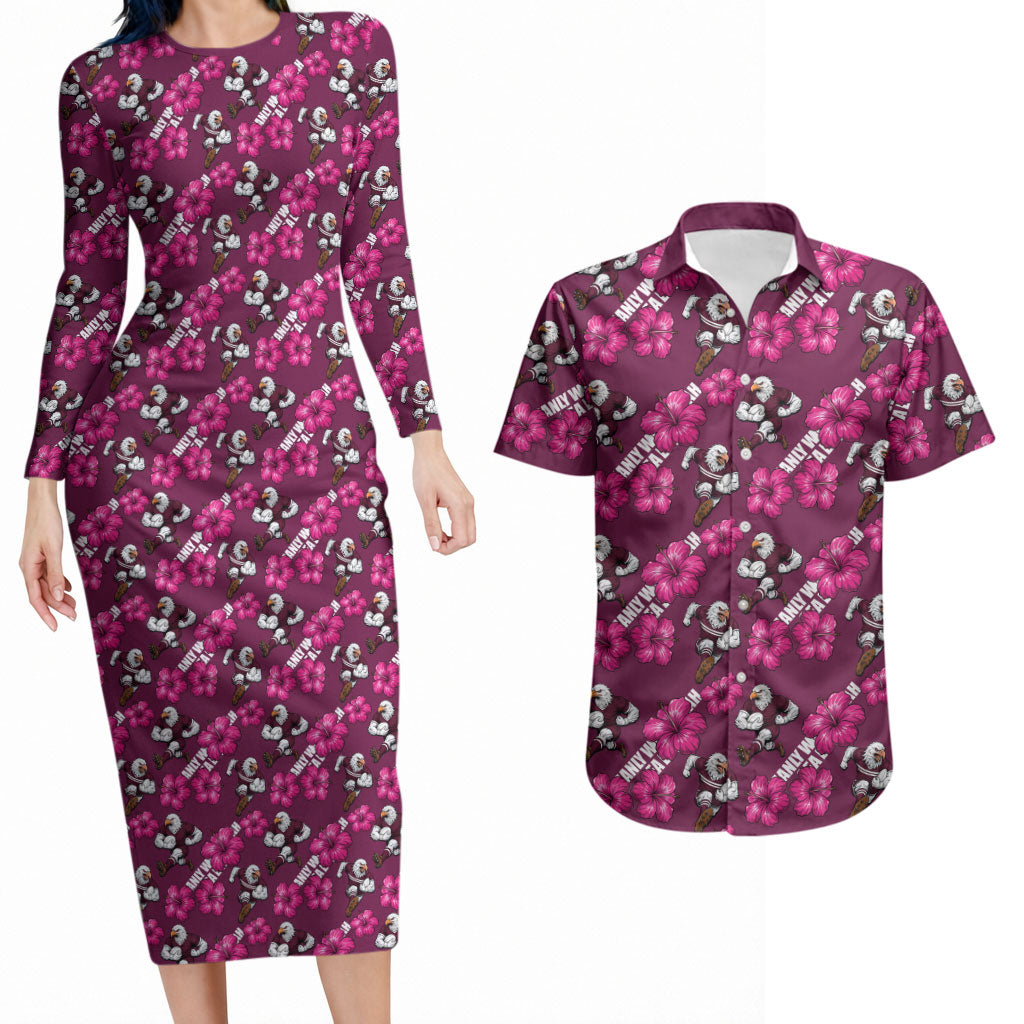 Manly Warringah Sea Eagles Couples Matching Long Sleeve Bodycon Dress and Hawaiian Shirt Tropical Hibiscus Floral Seamless Rugby Mascot