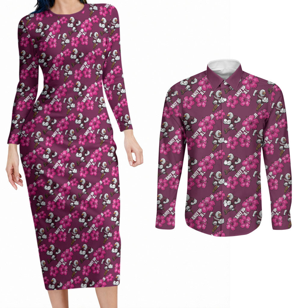Manly Warringah Sea Eagles Couples Matching Long Sleeve Bodycon Dress and Long Sleeve Button Shirt Tropical Hibiscus Floral Seamless Rugby Mascot