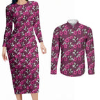 Manly Warringah Sea Eagles Couples Matching Long Sleeve Bodycon Dress and Long Sleeve Button Shirt Tropical Hibiscus Floral Seamless Rugby Mascot