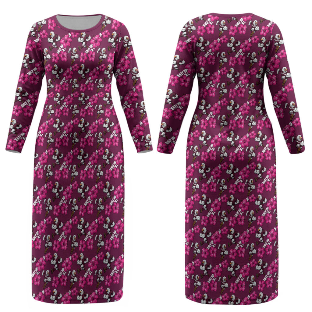Manly Warringah Sea Eagles Couples Matching Long Sleeve Bodycon Dress and Long Sleeve Button Shirt Tropical Hibiscus Floral Seamless Rugby Mascot