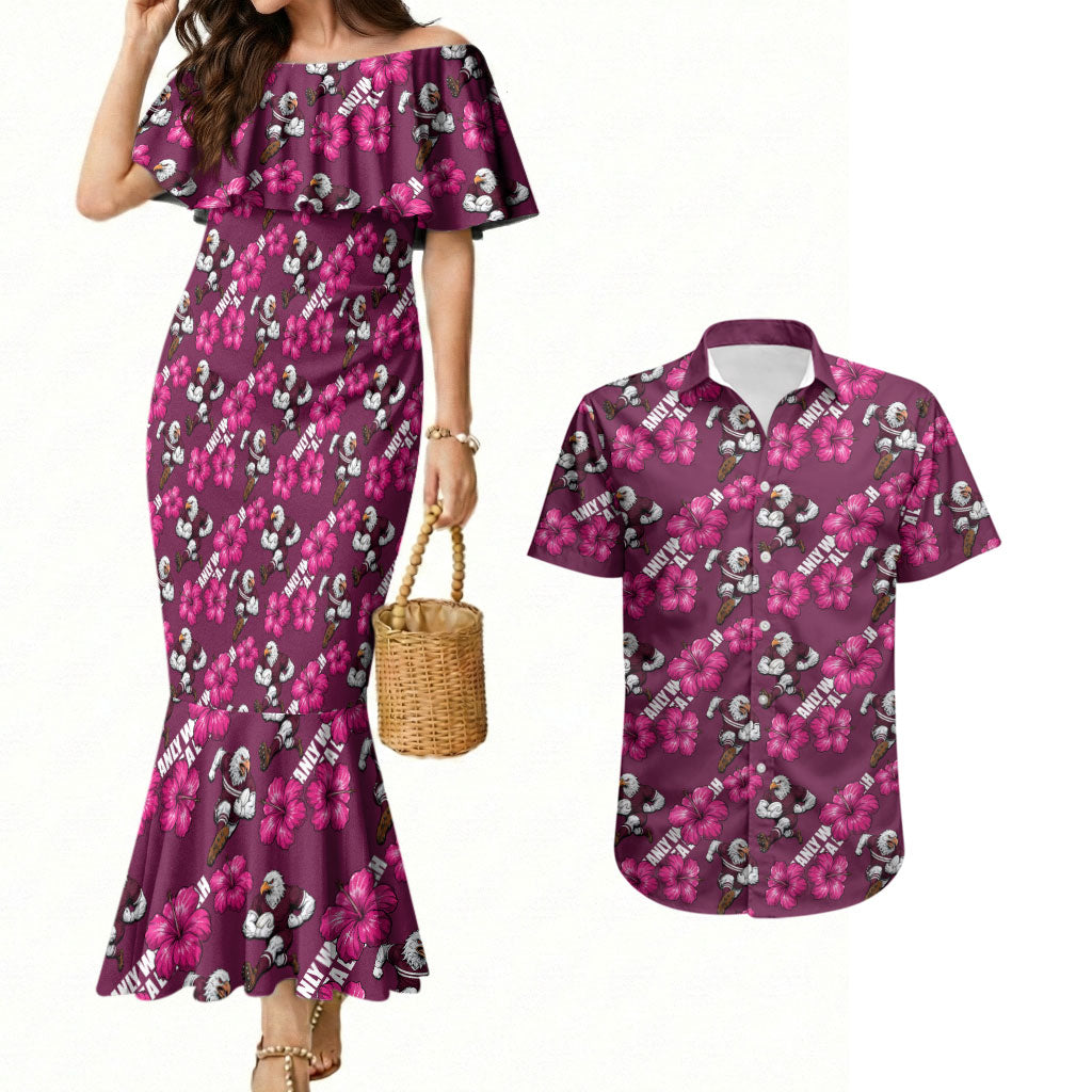Manly Warringah Sea Eagles Couples Matching Mermaid Dress and Hawaiian Shirt Tropical Hibiscus Floral Seamless Rugby Mascot