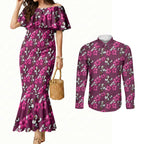 Manly Warringah Sea Eagles Couples Matching Mermaid Dress and Long Sleeve Button Shirt Tropical Hibiscus Floral Seamless Rugby Mascot