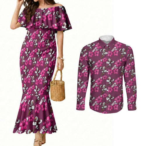Manly Warringah Sea Eagles Couples Matching Mermaid Dress and Long Sleeve Button Shirt Tropical Hibiscus Floral Seamless Rugby Mascot