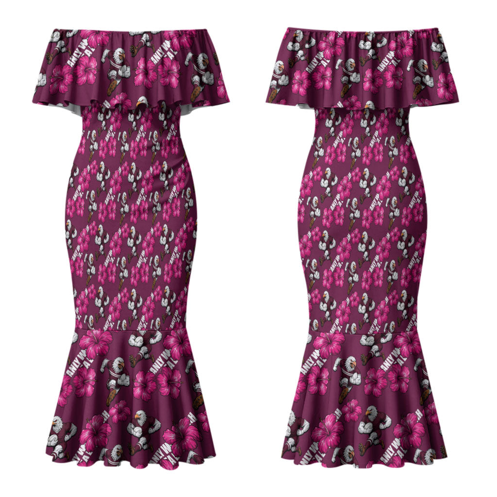 Manly Warringah Sea Eagles Couples Matching Mermaid Dress and Long Sleeve Button Shirt Tropical Hibiscus Floral Seamless Rugby Mascot