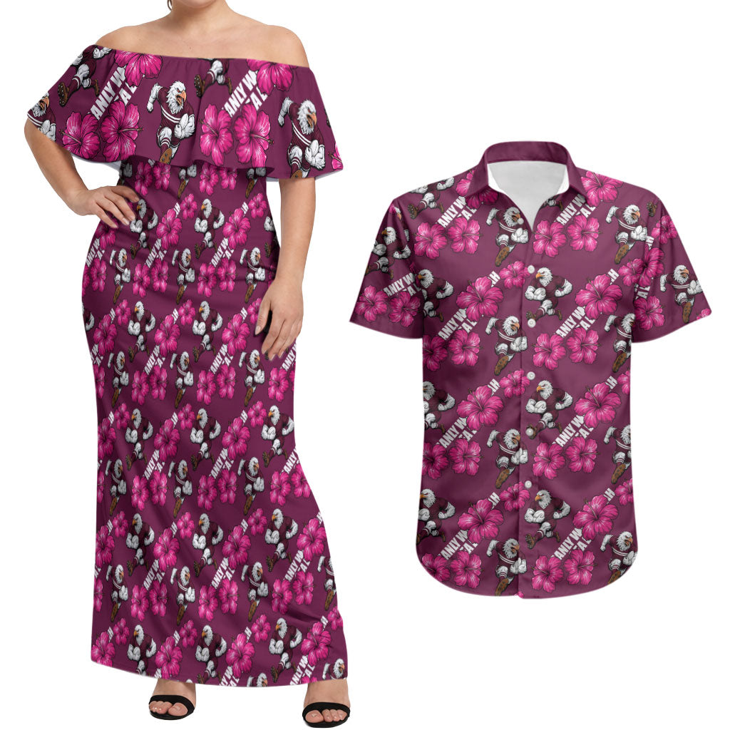 Manly Warringah Sea Eagles Couples Matching Off Shoulder Maxi Dress and Hawaiian Shirt Tropical Hibiscus Floral Seamless Rugby Mascot