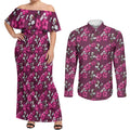 Manly Warringah Sea Eagles Couples Matching Off Shoulder Maxi Dress and Long Sleeve Button Shirt Tropical Hibiscus Floral Seamless Rugby Mascot