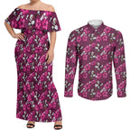 Manly Warringah Sea Eagles Couples Matching Off Shoulder Maxi Dress and Long Sleeve Button Shirt Tropical Hibiscus Floral Seamless Rugby Mascot