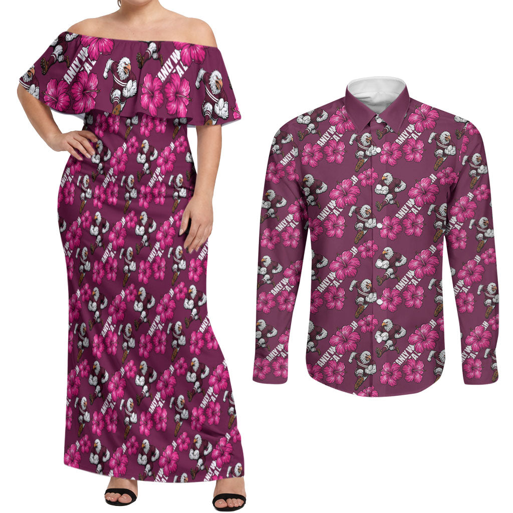 Manly Warringah Sea Eagles Couples Matching Off Shoulder Maxi Dress and Long Sleeve Button Shirt Tropical Hibiscus Floral Seamless Rugby Mascot