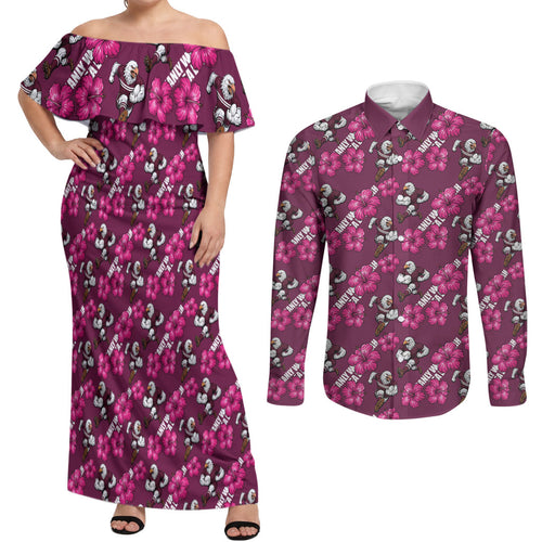Manly Warringah Sea Eagles Couples Matching Off Shoulder Maxi Dress and Long Sleeve Button Shirt Tropical Hibiscus Floral Seamless Rugby Mascot