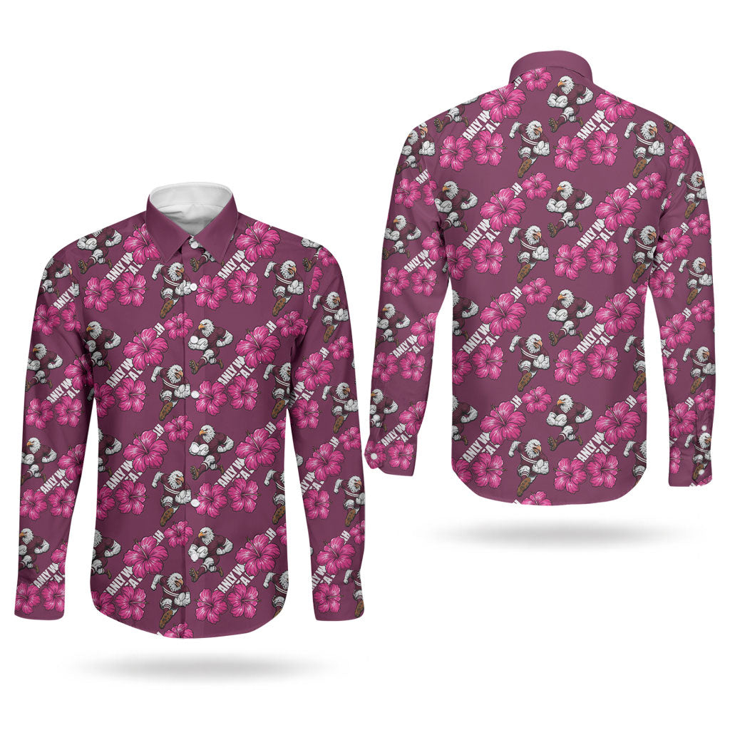 Manly Warringah Sea Eagles Couples Matching Off Shoulder Maxi Dress and Long Sleeve Button Shirt Tropical Hibiscus Floral Seamless Rugby Mascot