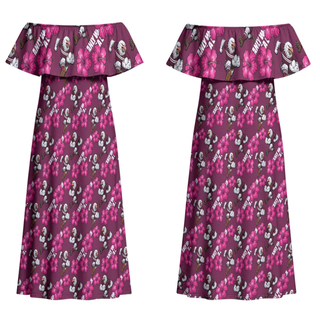 Manly Warringah Sea Eagles Couples Matching Off Shoulder Maxi Dress and Long Sleeve Button Shirt Tropical Hibiscus Floral Seamless Rugby Mascot