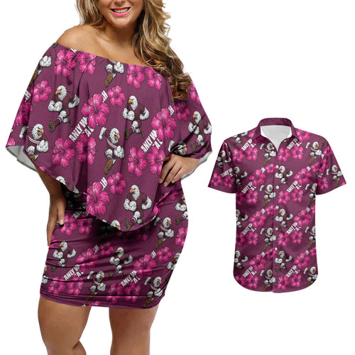 Manly Warringah Sea Eagles Couples Matching Off Shoulder Short Dress and Hawaiian Shirt Tropical Hibiscus Floral Seamless Rugby Mascot