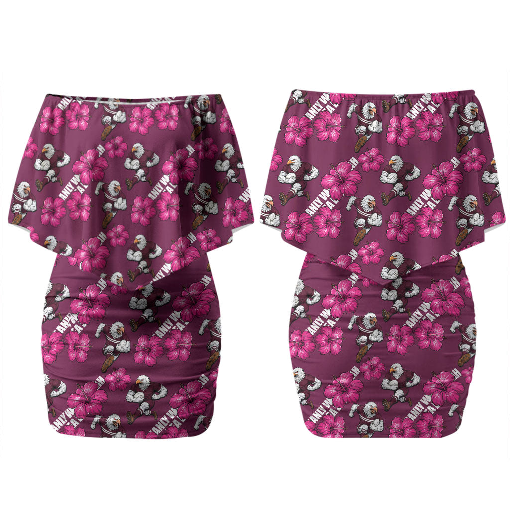 Manly Warringah Sea Eagles Couples Matching Off Shoulder Short Dress and Hawaiian Shirt Tropical Hibiscus Floral Seamless Rugby Mascot
