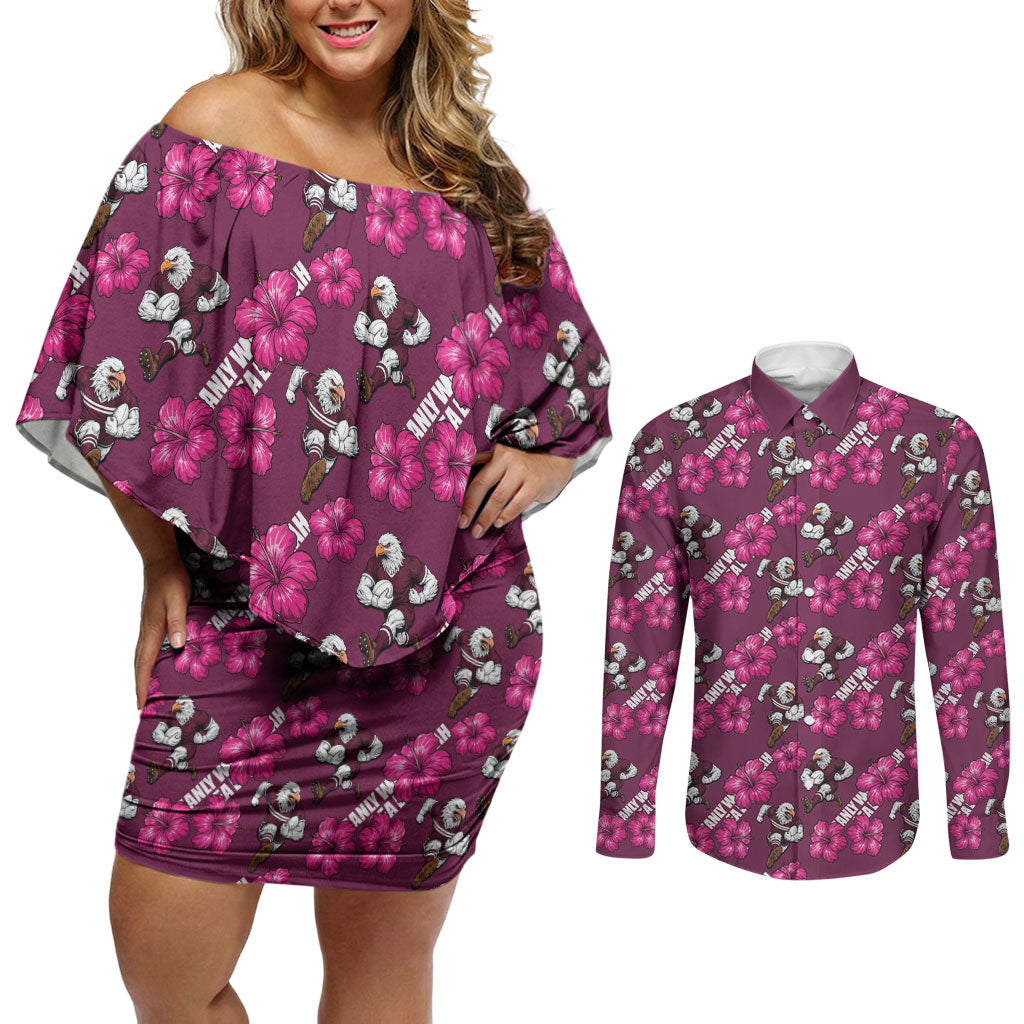 Manly Warringah Sea Eagles Couples Matching Off Shoulder Short Dress and Long Sleeve Button Shirt Tropical Hibiscus Floral Seamless Rugby Mascot