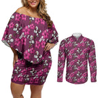 Manly Warringah Sea Eagles Couples Matching Off Shoulder Short Dress and Long Sleeve Button Shirt Tropical Hibiscus Floral Seamless Rugby Mascot