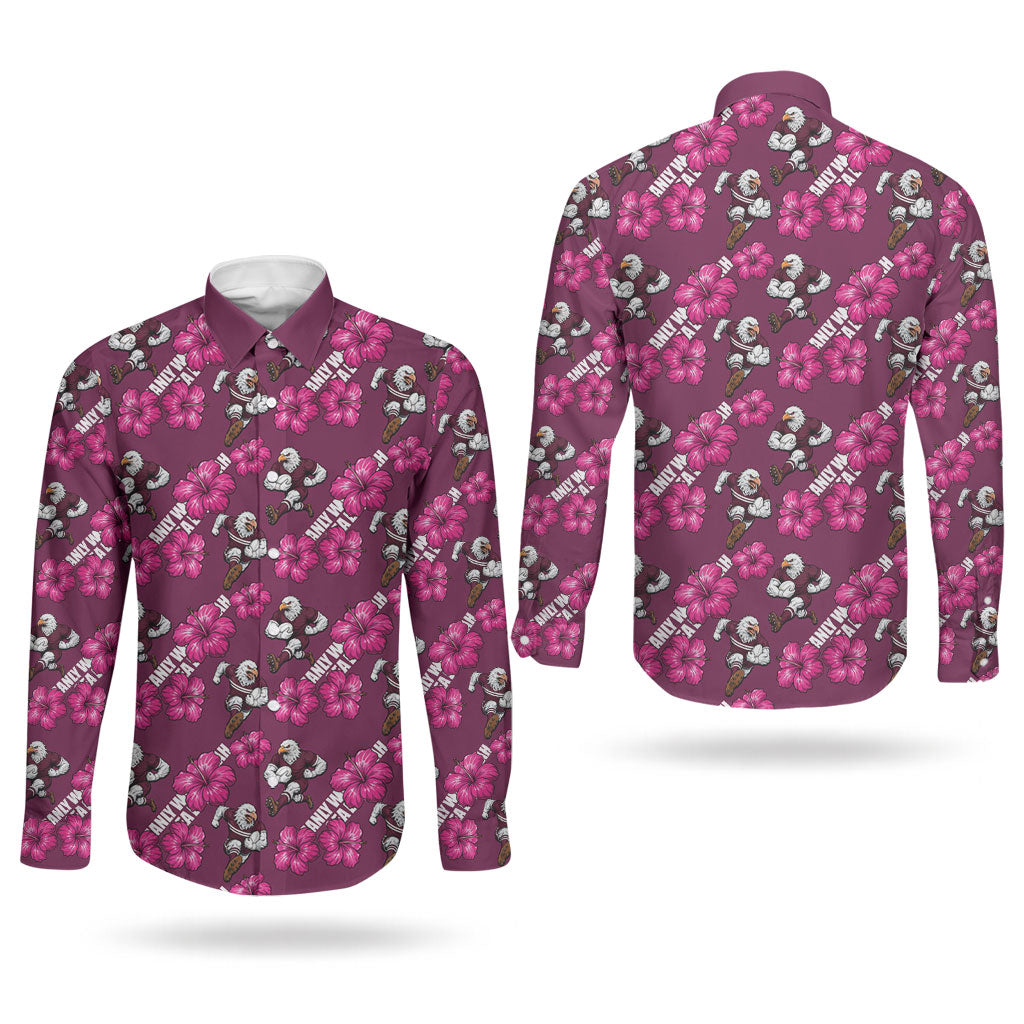 Manly Warringah Sea Eagles Couples Matching Off Shoulder Short Dress and Long Sleeve Button Shirt Tropical Hibiscus Floral Seamless Rugby Mascot