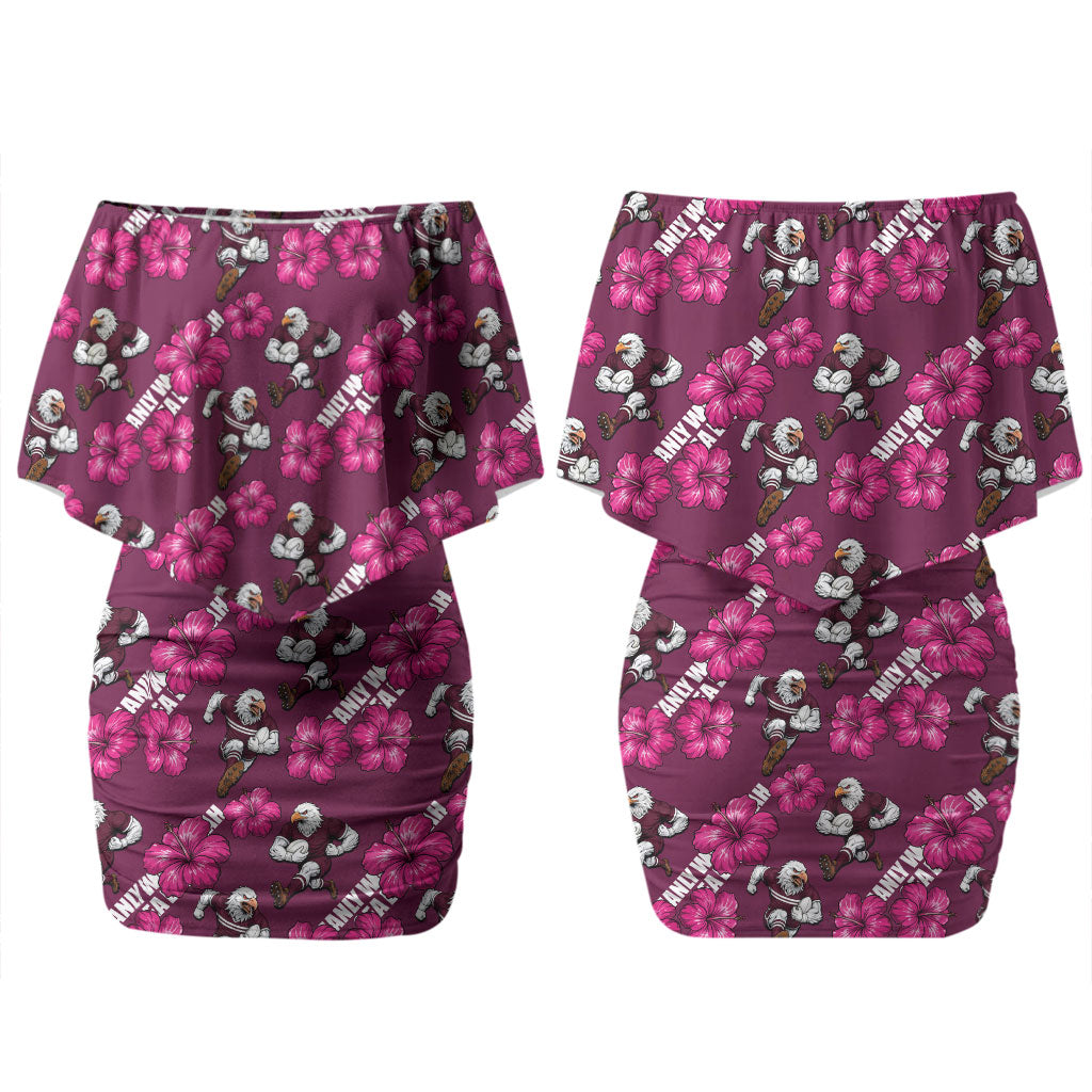 Manly Warringah Sea Eagles Couples Matching Off Shoulder Short Dress and Long Sleeve Button Shirt Tropical Hibiscus Floral Seamless Rugby Mascot
