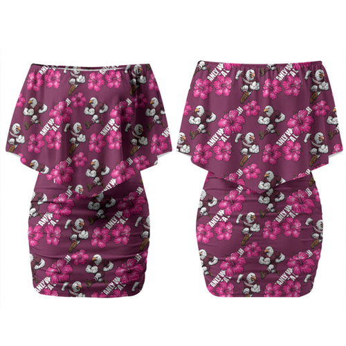 Manly Warringah Sea Eagles Couples Matching Off Shoulder Short Dress and Long Sleeve Button Shirt Tropical Hibiscus Floral Seamless Rugby Mascot