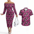 Manly Warringah Sea Eagles Couples Matching Off The Shoulder Long Sleeve Dress and Hawaiian Shirt Tropical Hibiscus Floral Seamless Rugby Mascot