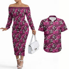 Manly Warringah Sea Eagles Couples Matching Off The Shoulder Long Sleeve Dress and Hawaiian Shirt Tropical Hibiscus Floral Seamless Rugby Mascot