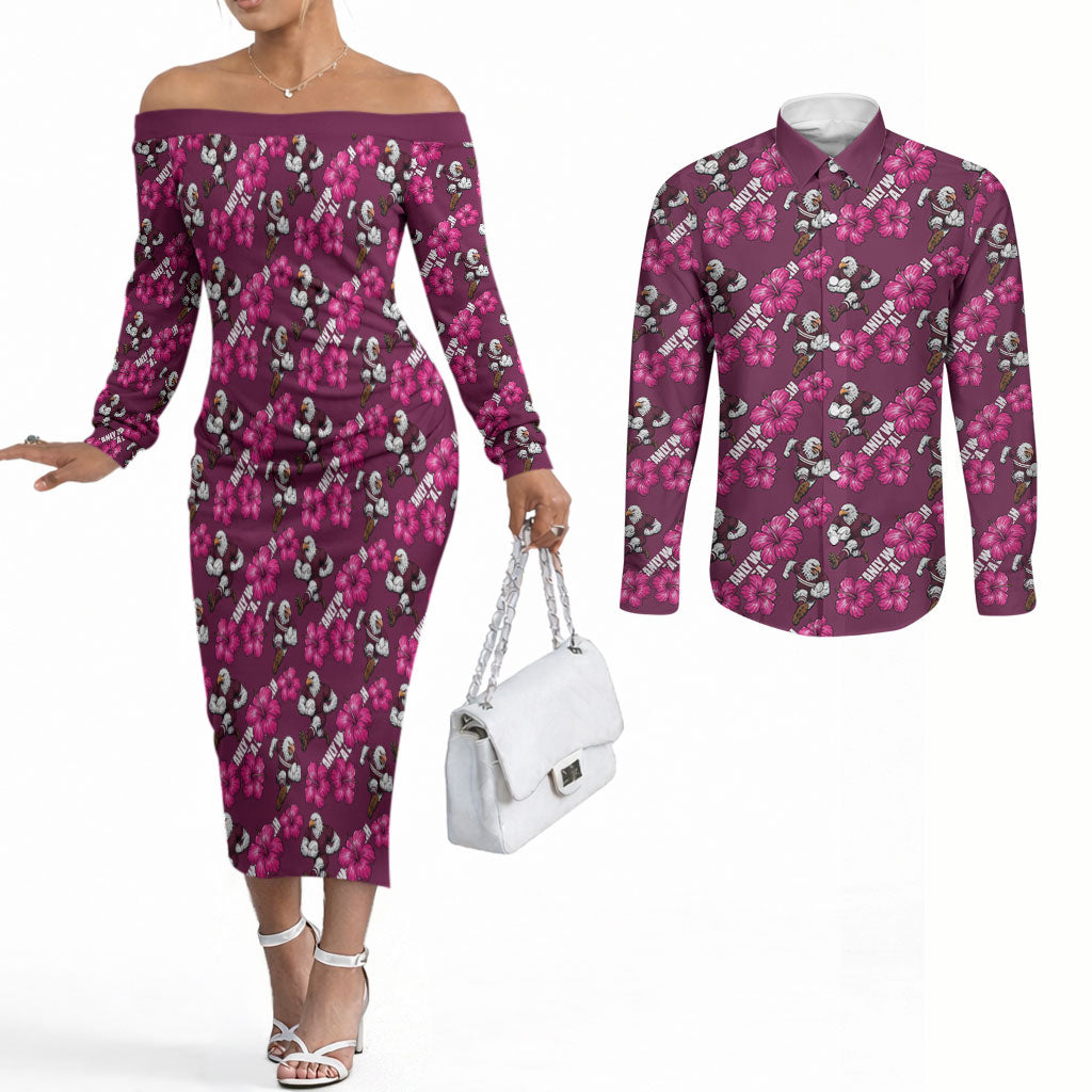 Manly Warringah Sea Eagles Couples Matching Off The Shoulder Long Sleeve Dress and Long Sleeve Button Shirt Tropical Hibiscus Floral Seamless Rugby Mascot