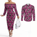 Manly Warringah Sea Eagles Couples Matching Off The Shoulder Long Sleeve Dress and Long Sleeve Button Shirt Tropical Hibiscus Floral Seamless Rugby Mascot