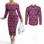 Manly Warringah Sea Eagles Couples Matching Off The Shoulder Long Sleeve Dress and Long Sleeve Button Shirt Tropical Hibiscus Floral Seamless Rugby Mascot