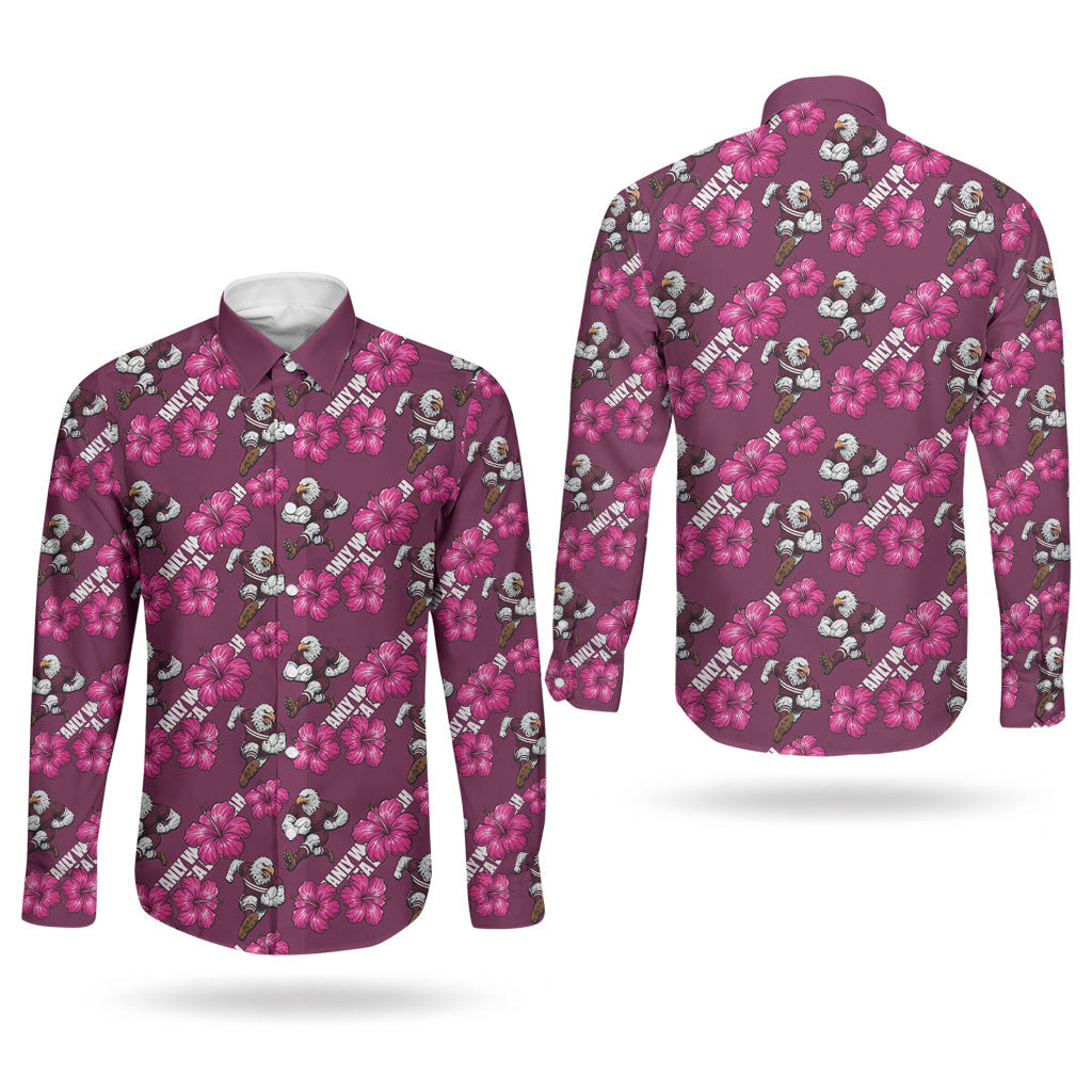 Manly Warringah Sea Eagles Couples Matching Off The Shoulder Long Sleeve Dress and Long Sleeve Button Shirt Tropical Hibiscus Floral Seamless Rugby Mascot