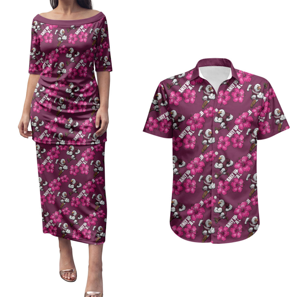 Manly Warringah Sea Eagles Couples Matching Puletasi and Hawaiian Shirt Tropical Hibiscus Floral Seamless Rugby Mascot