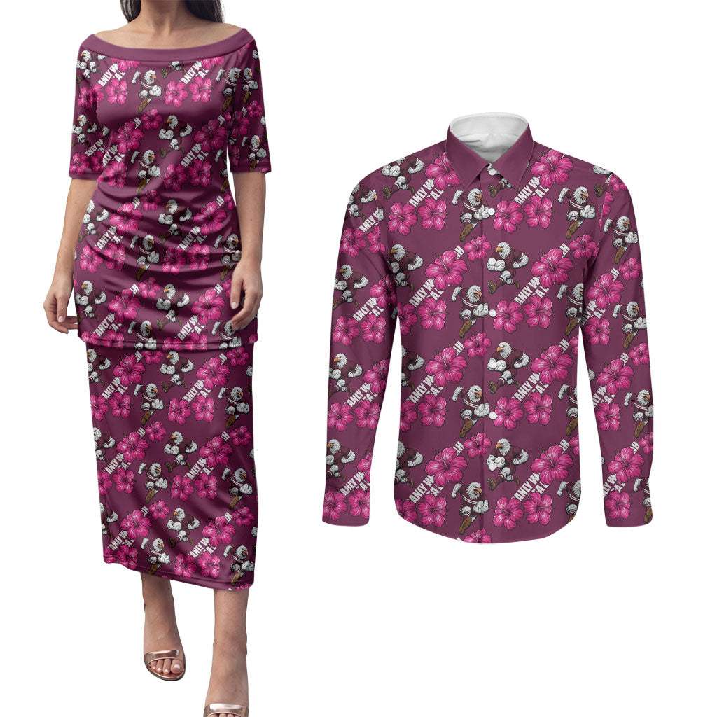 Manly Warringah Sea Eagles Couples Matching Puletasi and Long Sleeve Button Shirt Tropical Hibiscus Floral Seamless Rugby Mascot