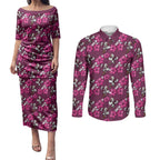 Manly Warringah Sea Eagles Couples Matching Puletasi and Long Sleeve Button Shirt Tropical Hibiscus Floral Seamless Rugby Mascot